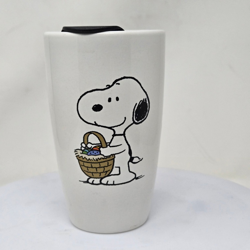 Peanuts Snoopy Easter Basket Stoneware Travel Mug White Ceramic Tumbler Lid 2022